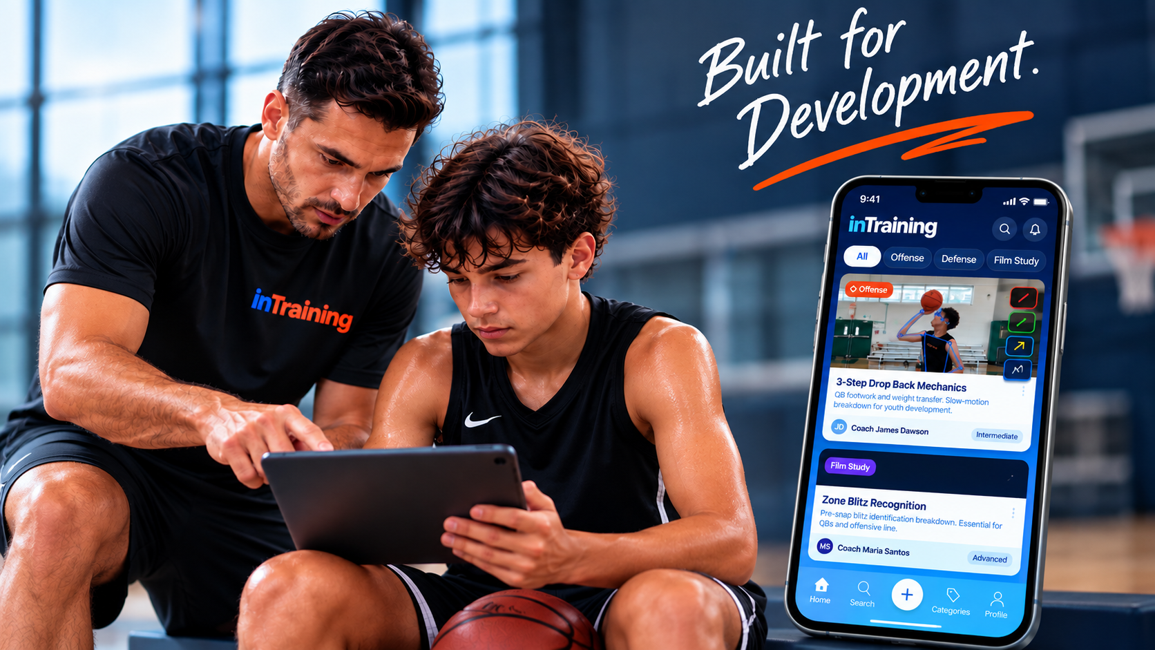 Coach and athlete reviewing InTraining platform on tablet